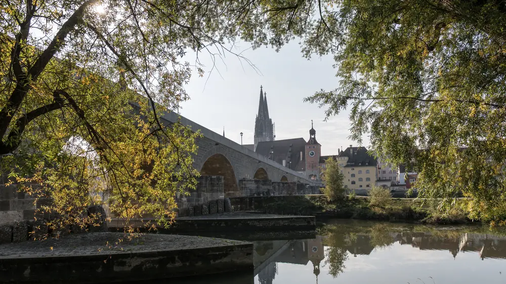 Die Steinerne Brücke und der Dom im herbstlichen Morgenlicht, eingerahmt von Bäumen